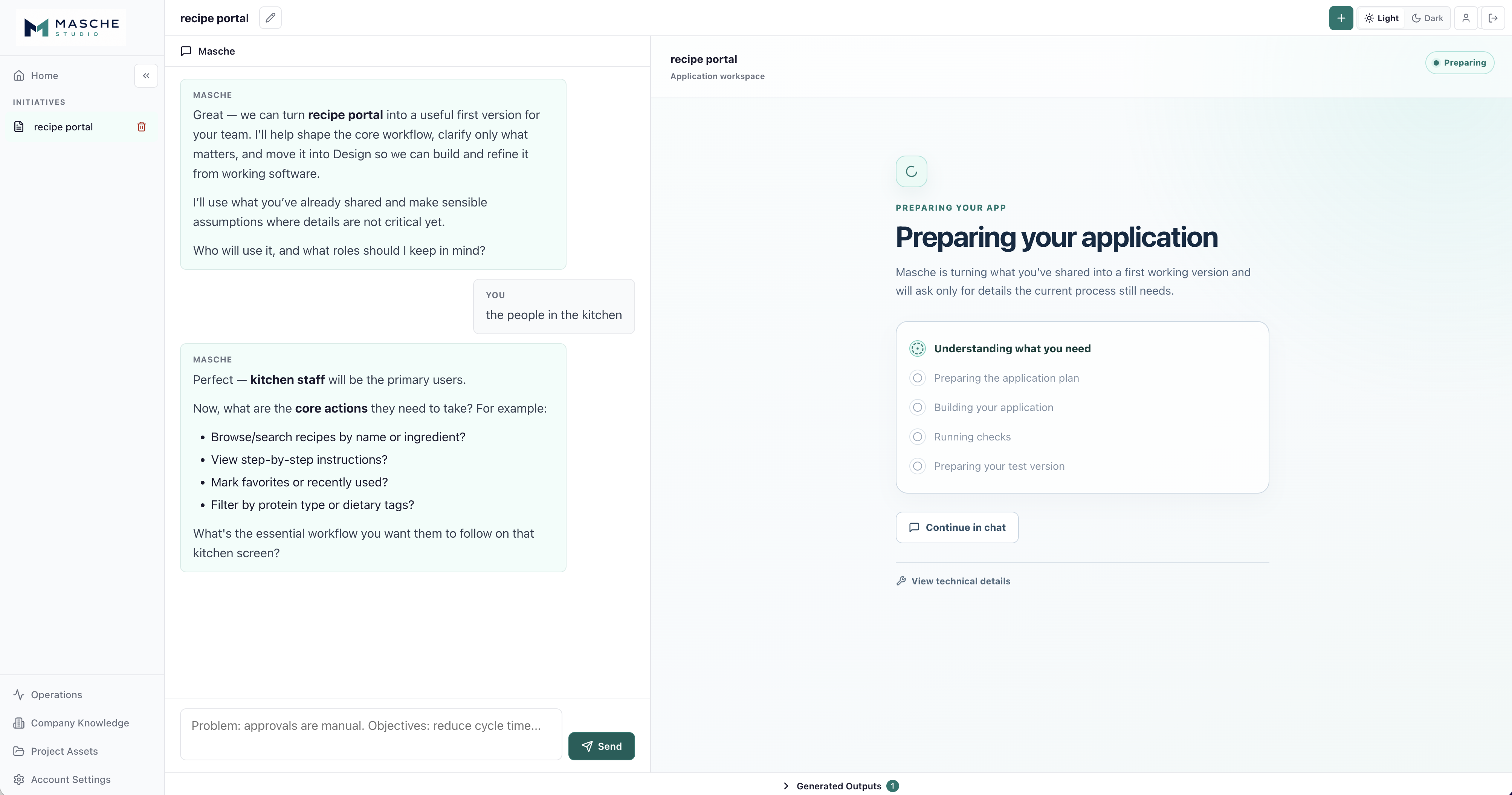 Masche Studio recipe portal workspace showing a business conversation and application preparation progress